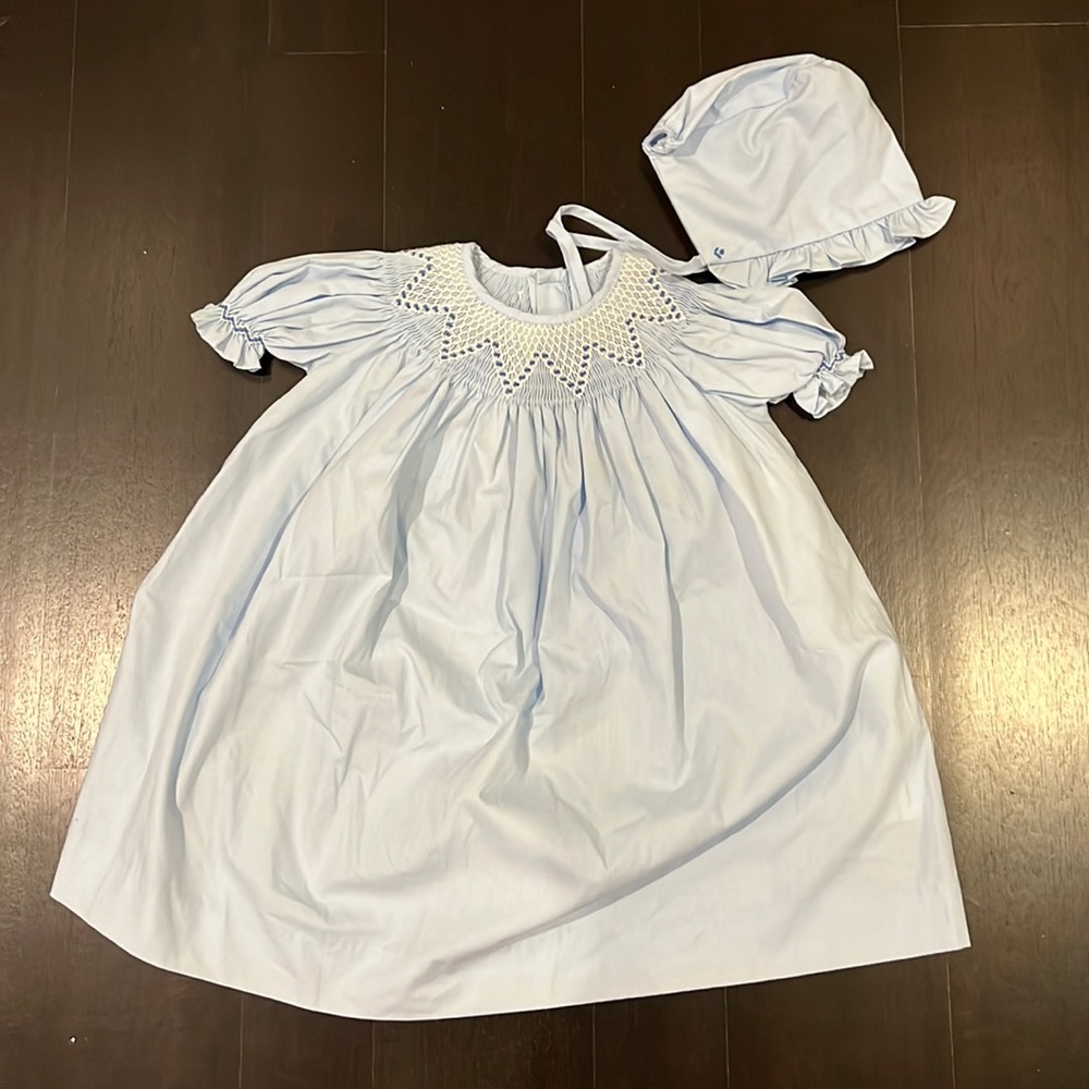 Mom & Me Baby Blue Smocked Dress with matching Bonnet